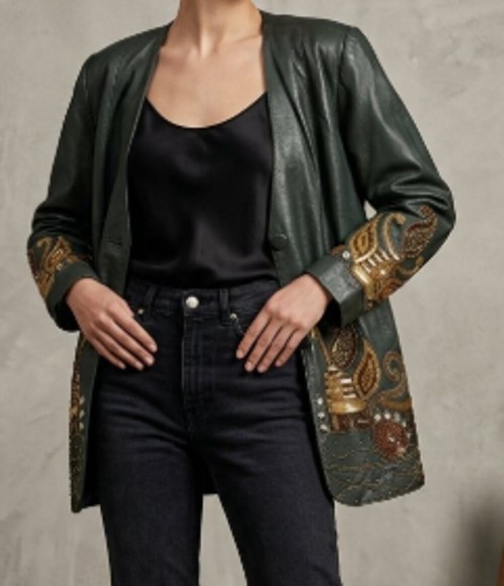Darshi Vtg Hunter Green Embellished Leather Statement Jkt sz 16